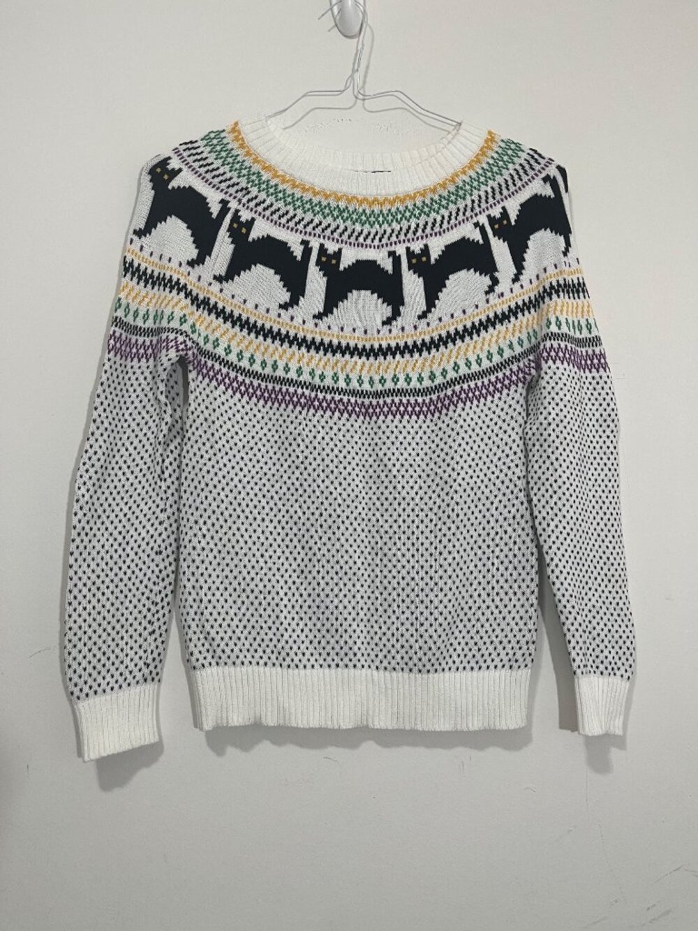 ModCloth Fair Isle Knit Black Cat Sweater XS 100% Cotton Halloween Edgy Witchy